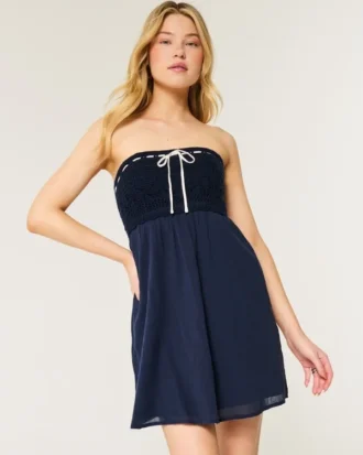 Kroşe Stil Karışık Straplez Mini Elbise