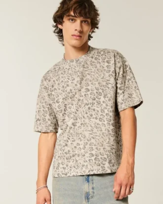 Kutu Kesim Ağır Leopar Desenli Crew T-Shirt