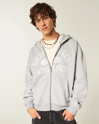Kutu Kesim Fermuarlı Forest Hills Athletics Grafik Kapüşonlu Sweatshirt