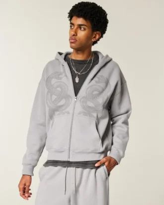 Kutu Kesim Fermuarlı Çift Yılan Desenli Kapüşonlu Sweatshirt