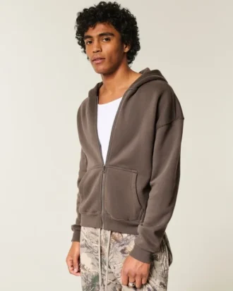 Kutu Kesim Fermuarlı Kapüşonlu Sweatshirt