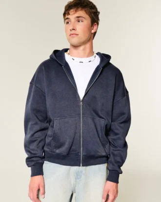 Kutu Kesim Fermuarlı Kapüşonlu Sweatshirt
