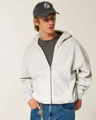 Kutu Kesim Fermuarlı Kapüşonlu Sweatshirt