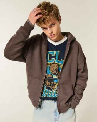 Kutu Kesim Fermuarlı Kapüşonlu Sweatshirt