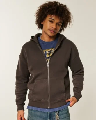 Kutu Kesim Fermuarlı Kapüşonlu Sweatshirt