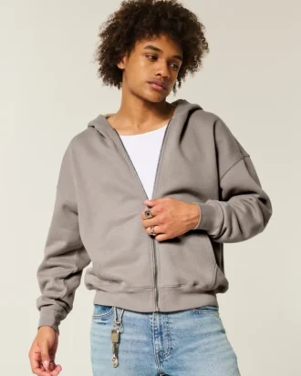 Kutu Kesim Fermuarlı Kapüşonlu Sweatshirt