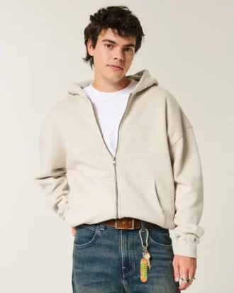 Kutu Kesim Fermuarlı Kapüşonlu Sweatshirt