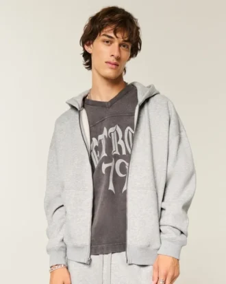Kutu Kesim Fermuarlı Kapüşonlu Sweatshirt