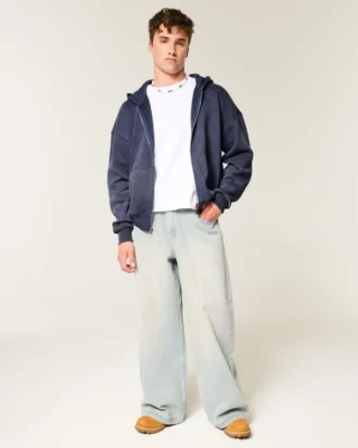 Kutu Kesim Fermuarlı Kapüşonlu Sweatshirt