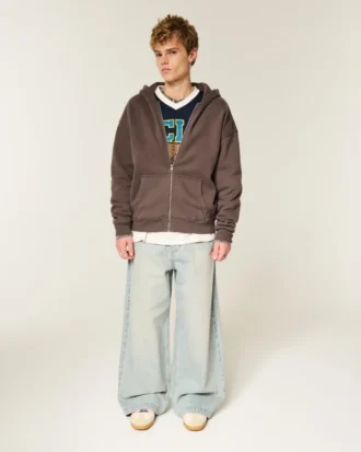 Kutu Kesim Fermuarlı Kapüşonlu Sweatshirt