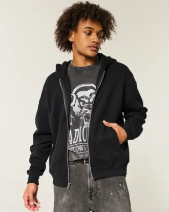 Kutu Kesim Fermuarlı Kapüşonlu Sweatshirt