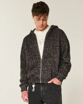 Kutu Kesim Fermuarlı Leopar Desenli Kapüşonlu Sweatshirt