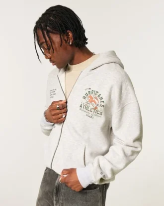 Kutu Kesim Fermuarlı Miami Üniversitesi Hurricanes Grafik Kapüşonlu Sweatshirt