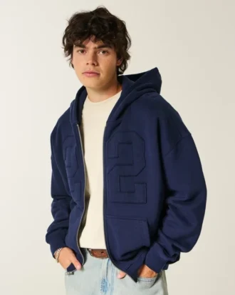Kutu Kesim Fermuarlı Numara Grafik Kapüşonlu Sweatshirt