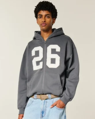 Kutu Kesim Fermuarlı Numara Grafik Kapüşonlu Sweatshirt