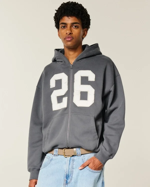 Kutu Kesim Fermuarlı Numara Grafik Kapüşonlu Sweatshirt Kutu Kesim Fermuarlı Numara Grafik Kapüşonlu Sweatshirt