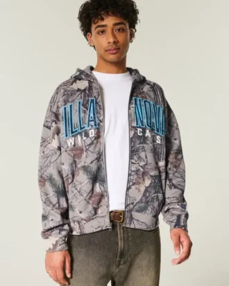 Kutu Kesim Fermuarlı Villanova Wildcats Grafik Kamuflaj Kapüşonlu Sweatshirt