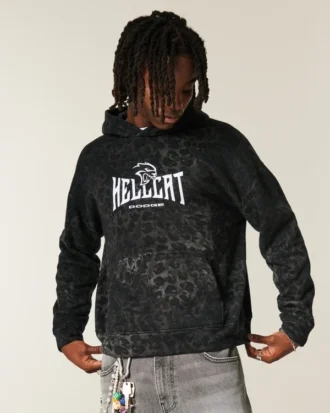 Kutu Kesim Leopar Desenli Dodge Hellcat Grafik Kapüşonlu Sweatshirt Kutu Kesim Leopar Desenli Dodge Hellcat Grafik Kapüşonlu Sweatshirt