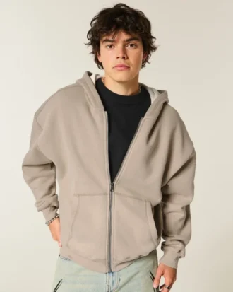 Kutu Kesim Termal Astarlı Fermuarlı Kapüşonlu Sweatshirt