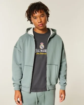 Kutu Kesim Termal Astarlı Fermuarlı Kapüşonlu Sweatshirt