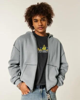 Kutu Kesim Termal Astarlı Fermuarlı Kapüşonlu Sweatshirt