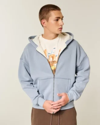 Kutu Kesim Termal Astarlı Fermuarlı Kapüşonlu Sweatshirt