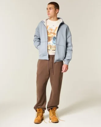 Kutu Kesim Termal Astarlı Fermuarlı Kapüşonlu Sweatshirt
