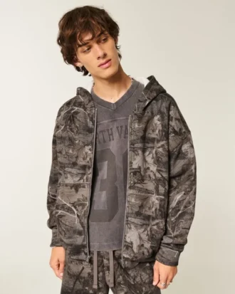 Kutu Kesim Termal Astarlı Kamuflaj Fermuarlı Kapüşonlu Sweatshirt