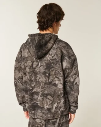 Kutu Kesim Termal Astarlı Kamuflaj Fermuarlı Kapüşonlu Sweatshirt