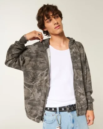 Kutu Tipi Termal Kamuflaj Fermuarlı Kapüşonlu Sweatshirt