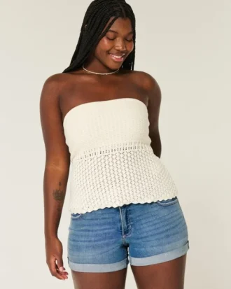 Kıvrımlı Düşük Bel Orta Yıkama Denim Şort
