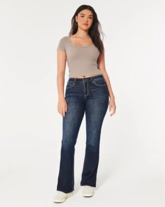 Kıvrımlı Orta Bel Koyu Yıkama Boot Jeans