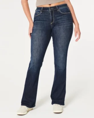 Kıvrımlı Orta Bel Koyu Yıkama Boot Jeans