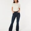 Kıvrımlı Yüksek Bel Koyu Yıkama Flare Jean Kıvrımlı Yüksek Bel Koyu Yıkama Flare Jean