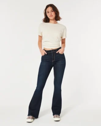 Kıvrımlı Yüksek Bel Koyu Yıkama Flare Jean