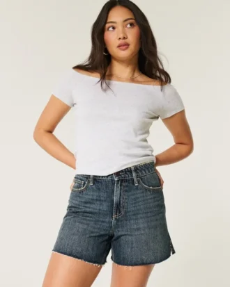 Kıvrımlı Yüksek Bel Koyu Yıkama Rahat Denim Şort 5″