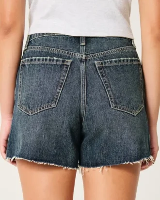 Kıvrımlı Yüksek Bel Koyu Yıkama Rahat Denim Şort 5″