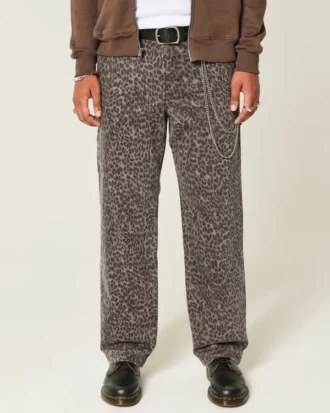 Leopar Desenli Bol Kesim Boyacı Kot Pantolon
