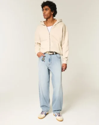 Nakışlı Açık Renk Yıkanmış Skater Baggy Jean
