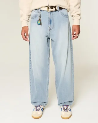 Nakışlı Açık Renk Yıkanmış Skater Baggy Jean