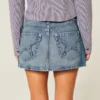 Nakışlı Yıldız Cepli Denim Mini Etek