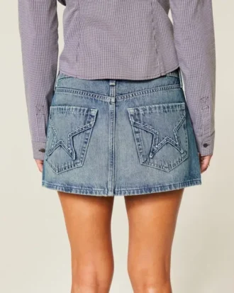 Nakışlı Yıldız Cepli Denim Mini Etek