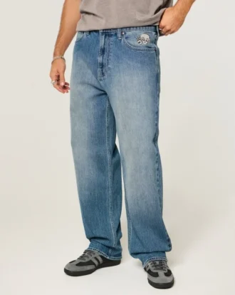 Orta Yıkama Alien Grafik Baggy Jeans