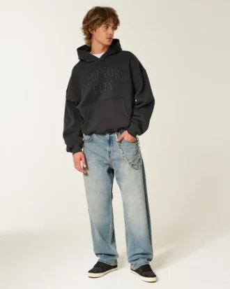 Orta Yıkama Hollywood Grafik Skater Bol Paça Kot Pantolon