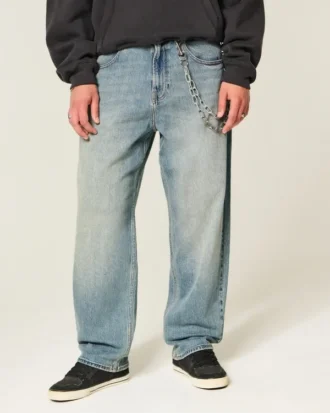 Orta Yıkama Hollywood Grafik Skater Bol Paça Kot Pantolon