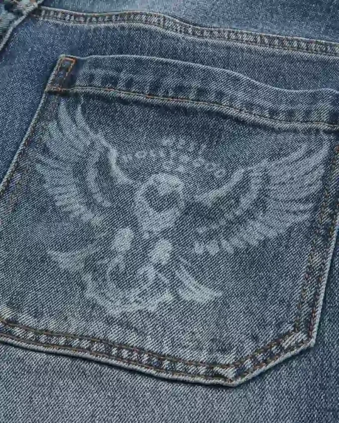 Orta Yıkama Kartal Grafikli Skater Bol Paça Kot Pantolon