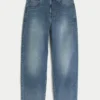 Orta Yıkama Nakışlı Köpekbalığı Desenli Skater Baggy Jeans