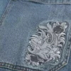 Orta Yıkama Nakışlı Köpekbalığı Desenli Skater Baggy Jeans