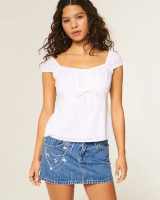 Orta Yıkama Nakışlı Zincir Denim Mini Etek