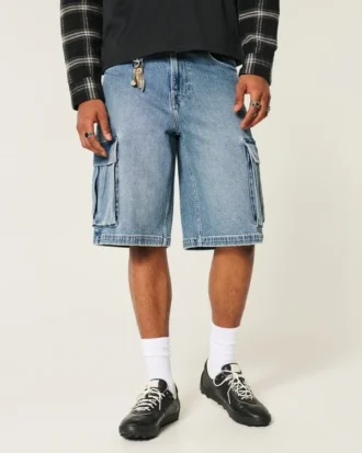 Orta Yıkama Süper Bol Denim Kargo Şort Orta Yıkama Süper Bol Denim Kargo Şort
